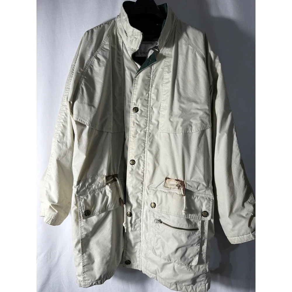 London Fog Mens Field Jacket Cream XL Long Quilted Lining‎ Full Zip Utility Coat